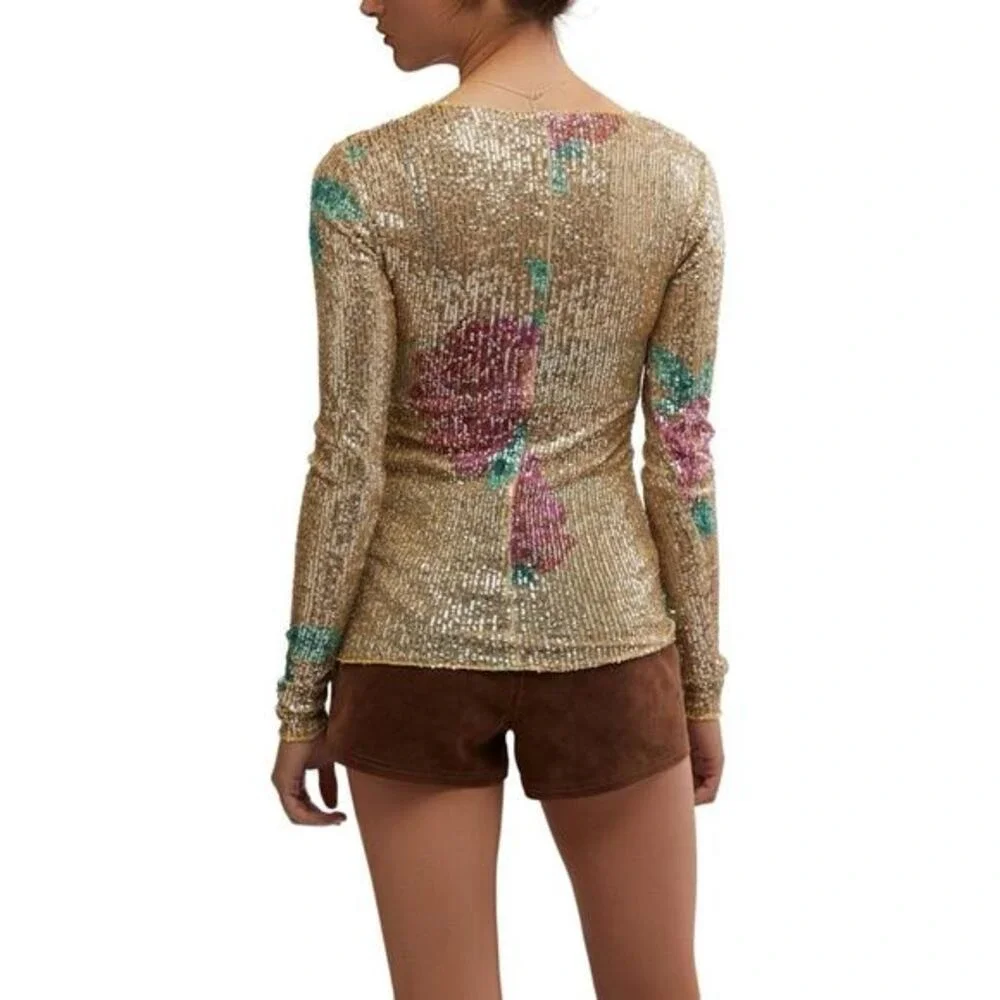 NWT Free People Intimately Gold Rush Champagne Combo Printed‎ Sequin Long Sleeve